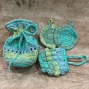 Handmade Cotton Crochet Bath Set - Drawstring Bag + Face pads + Soap pouch